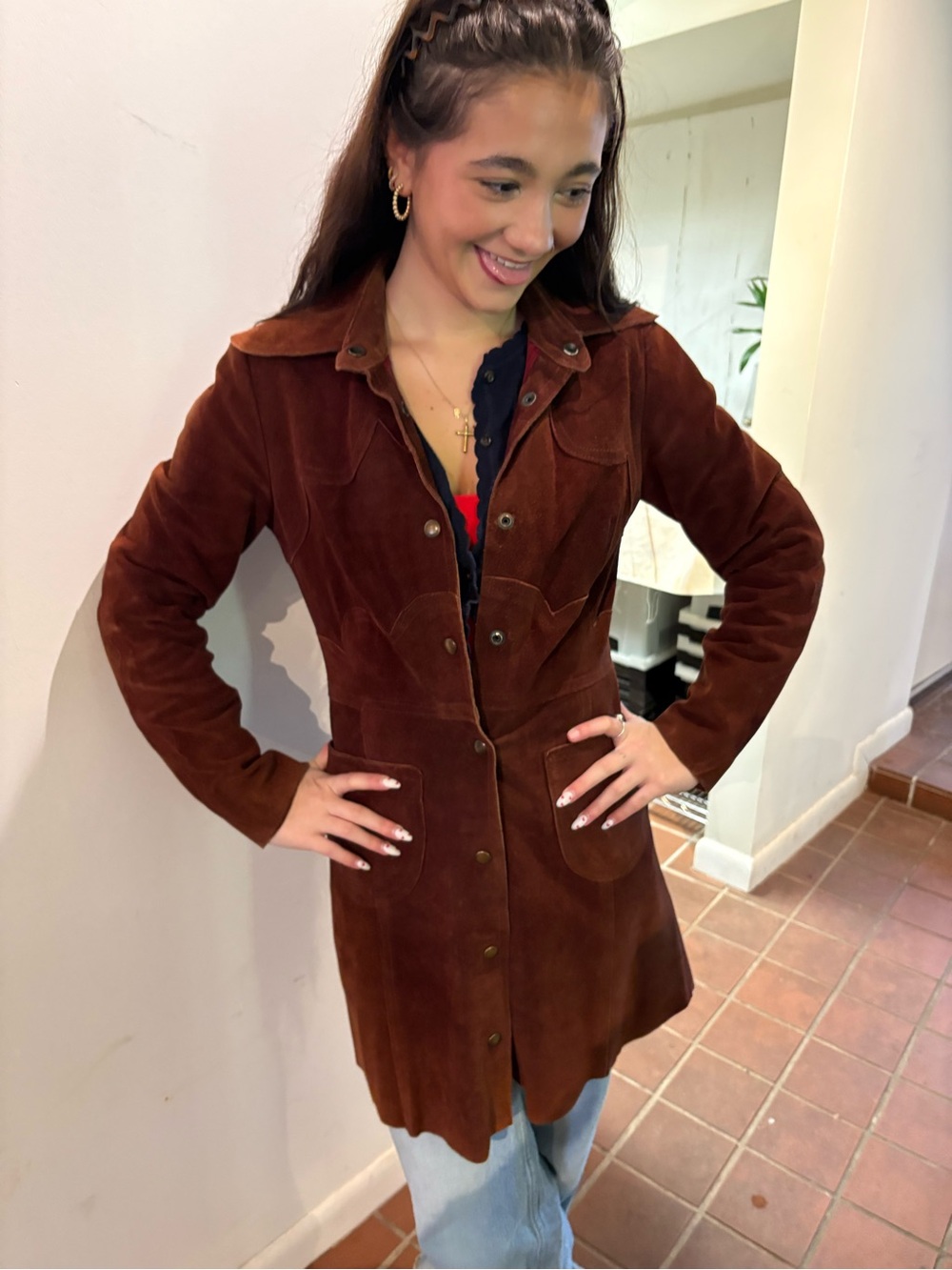 Women's Brown Suede Button-Front Coat vintage